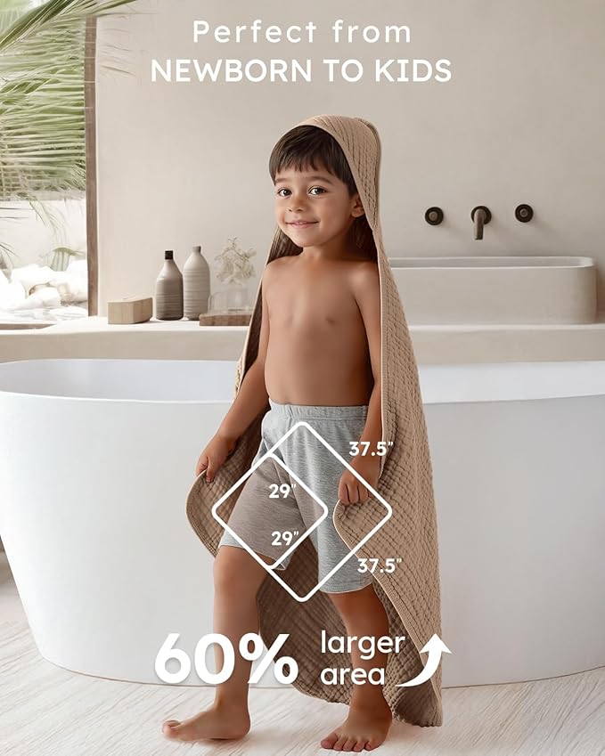 Yoofoss Hooded Baby Towels for Newborn 2 Pack 100% Muslin Organic Cotton Baby Bath Towel with Hood for Babies, Infant, Toddler and Kids, 37.5“x37.5“, Soft and Absorbent Newborn Essential, Beige&Coffee