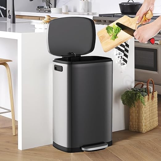 ELPHECO Kitchen Trash Can with Lid Soft Close, 13 Gallon / 50L Stainless Steel Pedal Garbage Can, Heavy-Duty Step Wastebasket with 20 Bags, Removable Bucket, Home Office, Titanium Silver