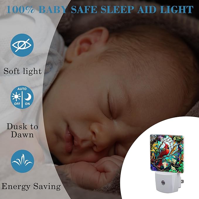 Plug in Night Lights Christmas Stained Glass Cardinal Bird Nightlight Plug Into Wall Dusk to Dawn Sensor LED Night Light for Kid Girls Boys Room Decor,Hallway,Kitchen,Bathroom,Nursery,Stairs