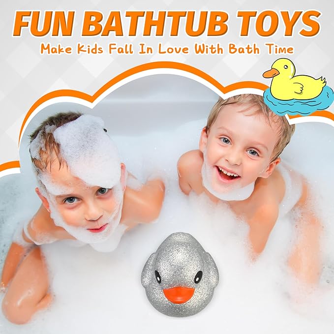 Honoson 6.89 Inch Giant Glitter Rubber Duck Big Glitter Rubber Duck Large Sparkly Duckling Bath Toy with Squeaky Sound for Summer Baby Shower Birthday Party Favor Gift(Silver)