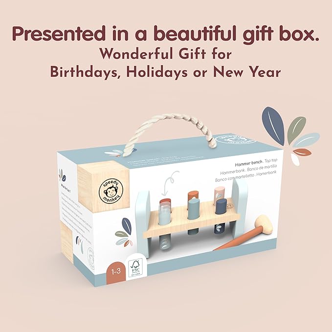 Speedy Monkey Tap Tap Hammer Bench – Colorful Wooden Toy for Kids 1-3 Year Up, Develops Hand-Eye Coordination, Hammer Pegs Through Holes, Reversible Fun, Non-Toxic Paint , Engaging Educational Toy