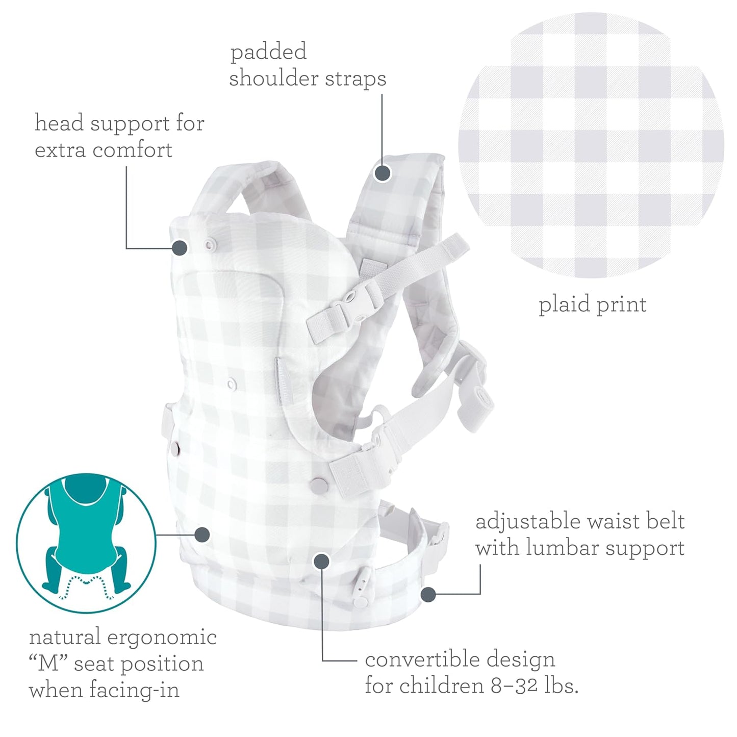 Infantino Flip Advanced 4-in-1 Baby Carrier - Ergonomic, Convertible, Face-in and Face-Out Front and Back Baby Carrier for Newborn to Toddler 8-32 lbs, Plaid