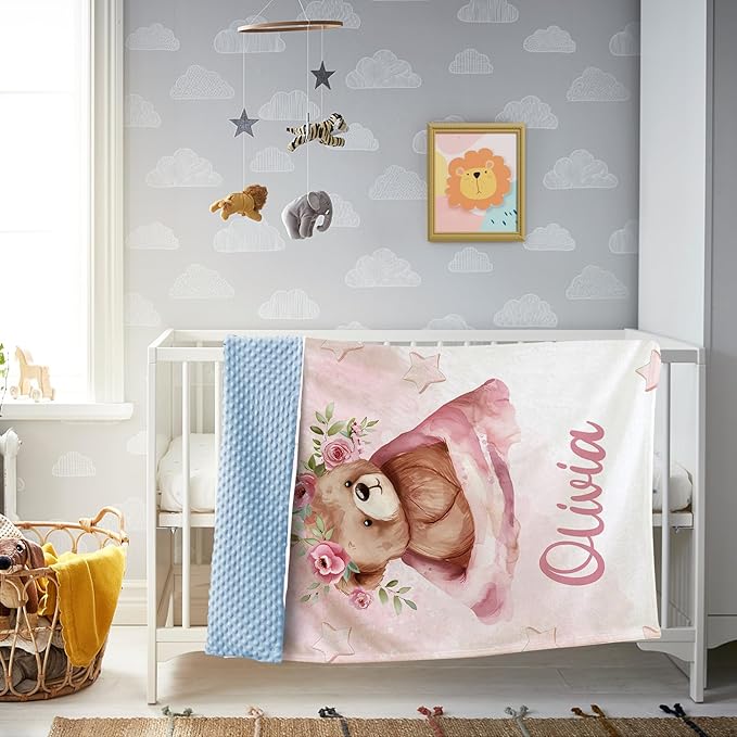 Custom Baby Blanket for Girls, Personalized Baby Blankets with Name, Soft Flannel Double Layer Receiving Swaddle Blanket, Pink Heart Bear Monogram Birthday Gifts for Infants Toddlers(60"x80")