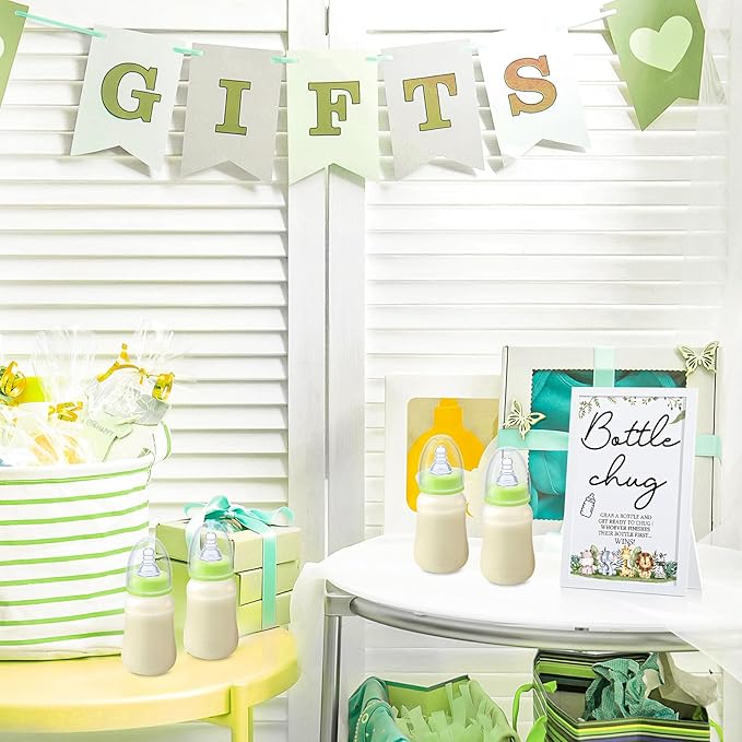 Roowest Bottle Chug Baby Shower Game Favors Including Safari Animals Theme Wooden Sign and 18 Pcs Baby Bottles for Gender Reveal Party Supplies