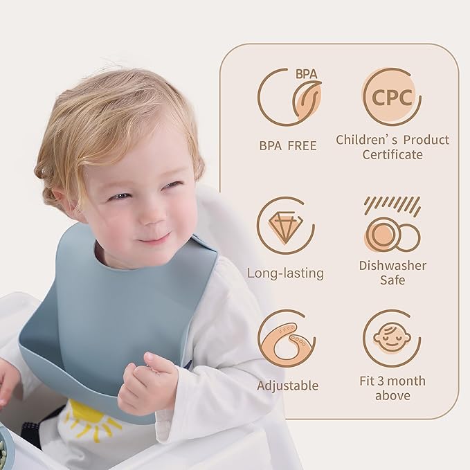 Moonkie Silicone Baby Bibs Set Of 2 | BPA Free Waterproof | Soft Flexible Adjustable Silicone Bibs for Babies & Toddlers(Ether/Muted)