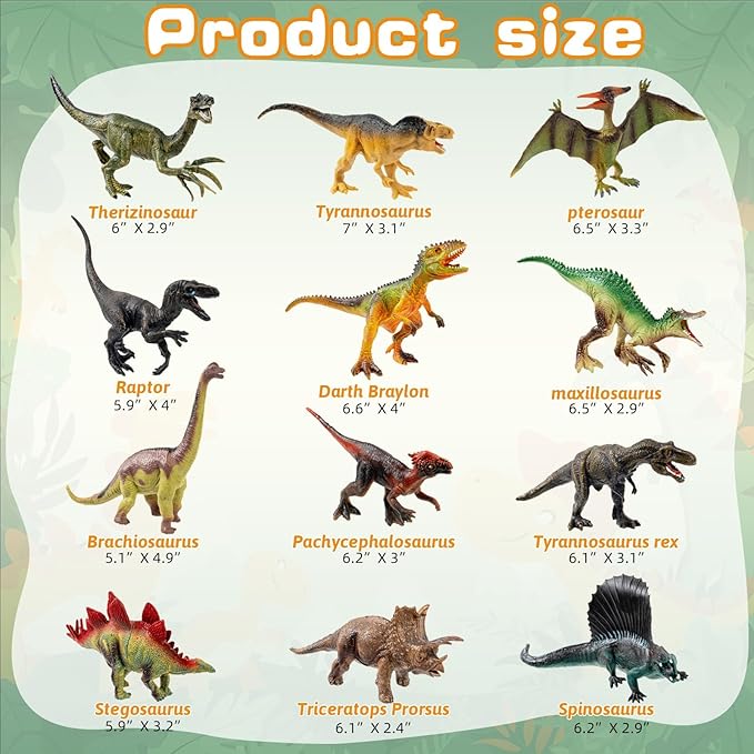 OuMuaMua Dinosaur Toys for Kids 3-5, 12 Pack Realistic Plastic Dinosaur Figure Set Including T-Rex, Stegosaurus, Monoclonius, Dino Toys for Boys 5-7 Party Favors, 6 to 7 Inch Large Size