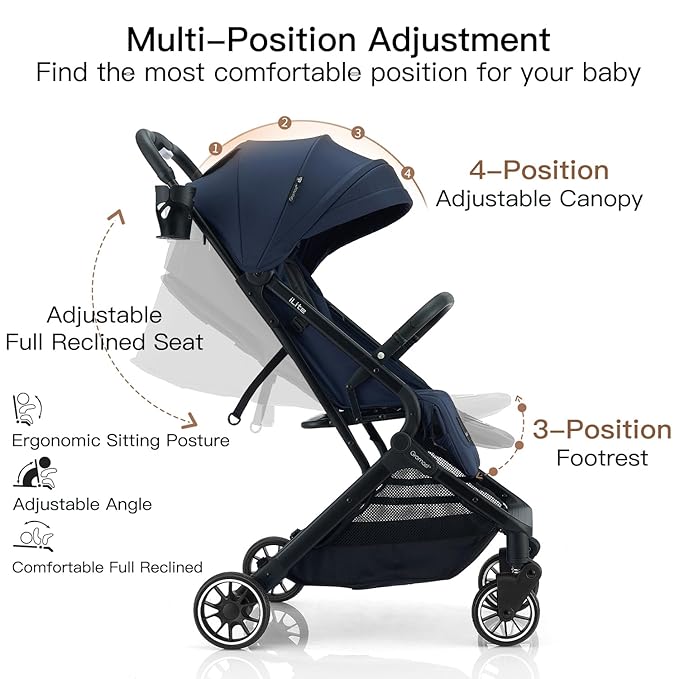 Compact Fold Baby Stroller, Lightweight Travel Toddler Stroller with One-Click Fold, Extendable UPF50+ Canopy, Cup Holder, UV Protected and Waterproof, One-Hand Folding - Blue