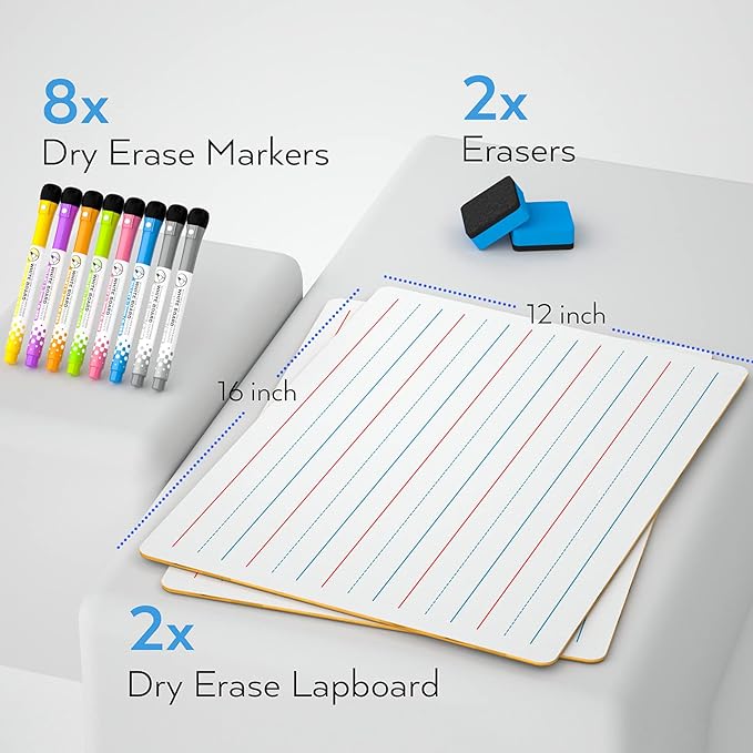 Nicpro Dry Erase Lap Board 12 x 16 inches 2 Pack Ruled Kid Double Sided Blank & Lined Small White Board with 8 Pens, 2 Eraser, Learning Mini Whiteboard Portable for Students Home School Supplies