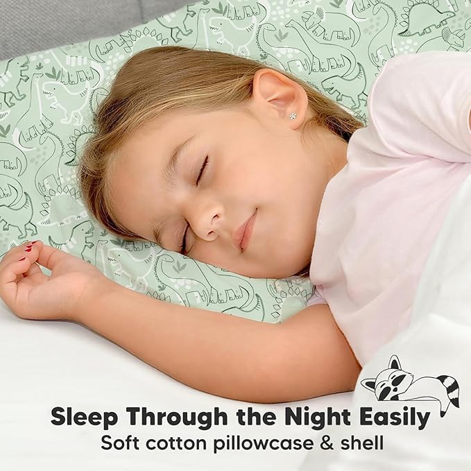 Toddler Pillow with Pillowcase - 13x18 My Little Dreamy Kids Travel Bed Pillows for Sleeping, Organic Cotton Small Pillowcase, Soft & Breathable, Machine Washable, Toddlers 2-5 Years Old (DinoDood)