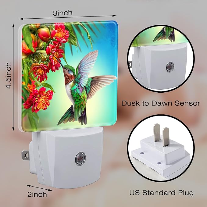 Hummingbird with Flowers Night Light for Kids,Red Tropical Floral Leaves Hummingbird Night Light Plug in with Dusk to Dawn Sensor,0.5w Energy Saving Nightlight for Hallway Stairway Kitchen Bedroom