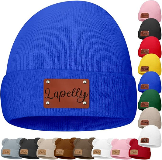 Custom Baby Beanies Personalized Toddler Winter Hats Name Leather Patch Kids Knit Warm Hat for Infant Boys Girls Adult