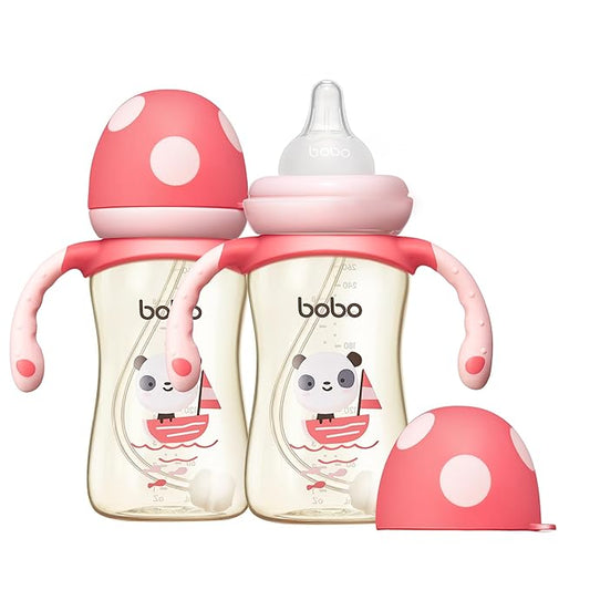 YOHKOH Natural PPSU Baby Bottle with Natural Response Nipple, Newborn Anti-Colic Baby Bottles with Handle, Wide Neck Mushroom Cap Baby Bottle (8.8oz (Pack of 2), Red)