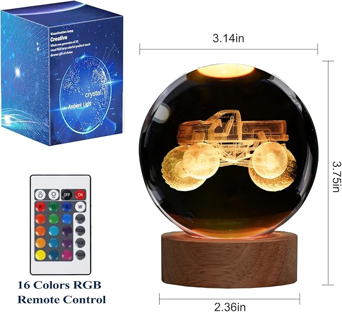 Monster Truck Night Light, Monster Truck Gifts, 3D Crystal Ball Night Light with Remote Upgraded 3.15 Inch Lamps with 16 Color for Birthday Xmas Cool Figurines Gifts for Room Decor Boys Girls
