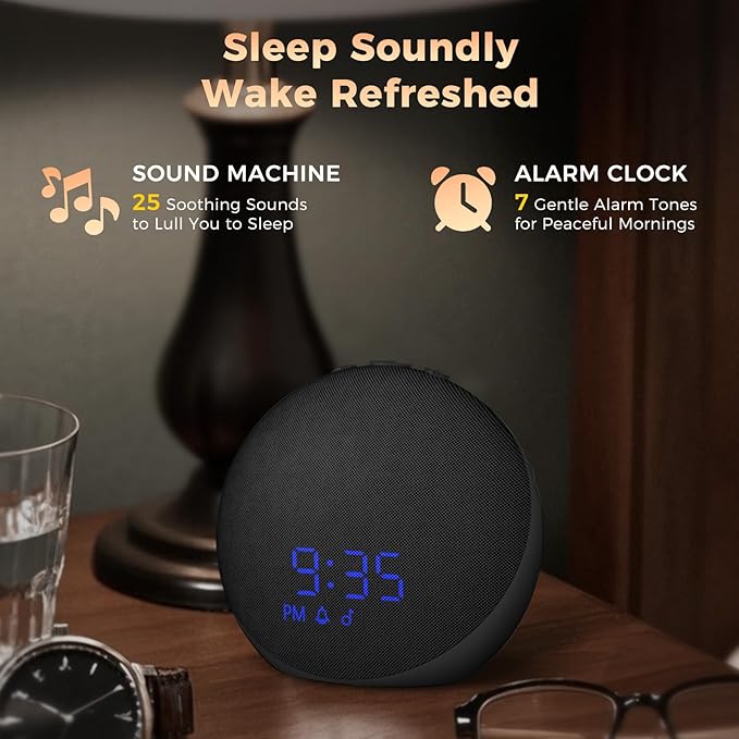 Sound Machine Alarm Clock for Bedroom: 25 Natural Sleep Sounds - White Noise Machine for Adults Kids Baby - Gentle Wake Up Alarm with Bluetooth Speaker - Black