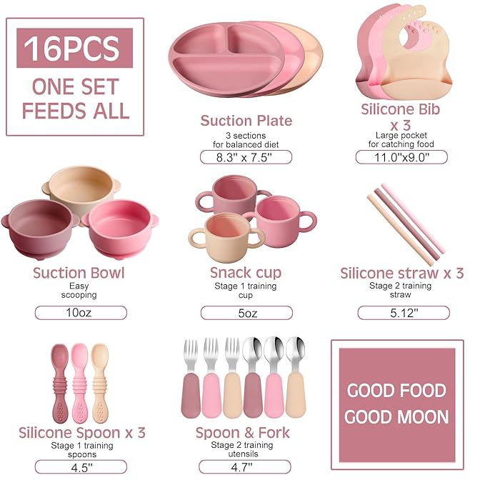 24 Pack Silicone Baby Feeding Set Baby LED Weaning Supplies Includes Suction Divided Plates Soft Bowl Spoons Forks Adjustable Bib Snack Cup and Straws(Pink, Dark Pink, Nude)