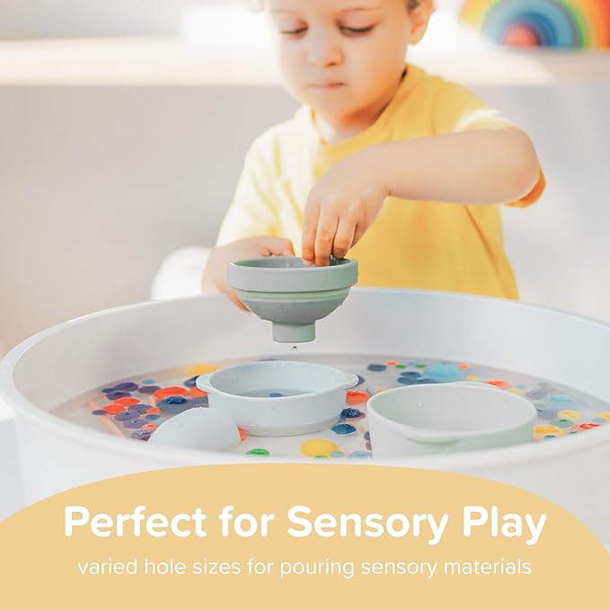 Inspire My Play 3 x Coral Silicone Collapsible Funnels for Kids - Sensory Play Funnel Toys for Kids - Pouring Toys for Toddlers - Food Safe Sensory Bin Tools and Accessories