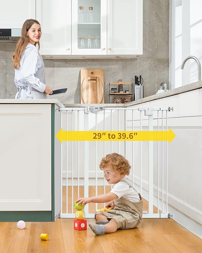 InnoTruth 29-39.6”Baby Gate for Stairs,36" Extra Tall Dog Gate for The House,Dual-Lock Safety and One Hand Opening Design,Kid Gate for Doorways,Kitchen,Room,Wall-Friendly Pressure Mounted, Pure White