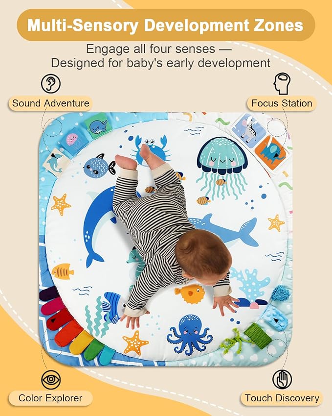 Baby Play Gym with 4 Developmental Zones – Tummy Time Mat & Activity Mat with 6 Sensory Toys, Visual Cards & Pillow – Baby Essentials & Ideal Gift for Newborns