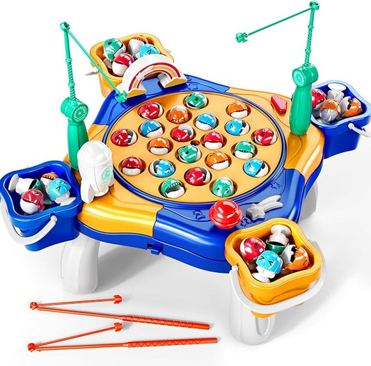 Magnet Fishing Game for Kids Toddlers Aged 3 4 5 6 7 8 - Fishing Toys with 48 Fishes Toys, 8 Poles, Rotating Board Game with On-Off Music, Educational Birthday Gifts for Boys Girls 1-3(Blue)