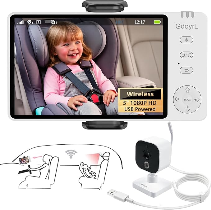 Wireless Baby Car Camera Monitor 5" HD 1080P IPS, 360° Rotating Camera with Auto/Manual Night Vision, 1000ft Range, Anti-Glare Display & USB Charging for Backseat, Home, Travel，Camping