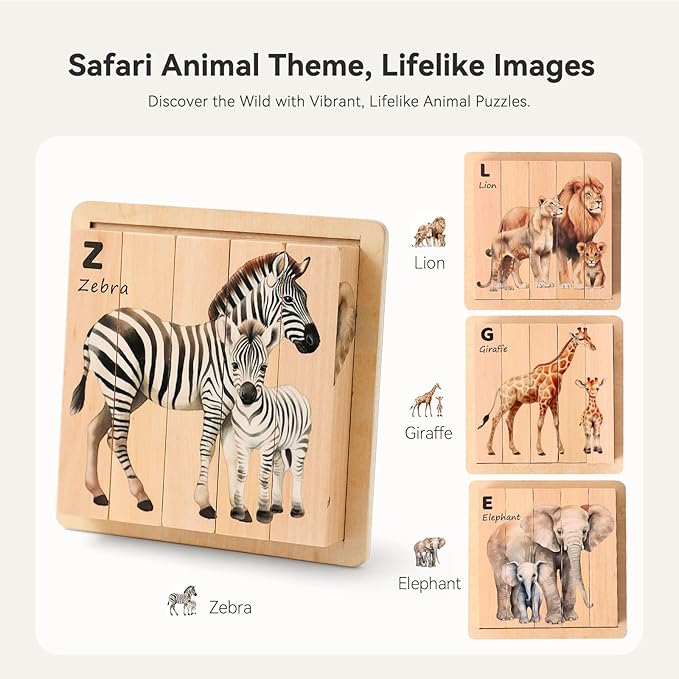 4 in 1 Wooden Animal Chunky Puzzle, 5 Solid Wood Puzzle Blocks with 4 Sides Realistic Safari Animals, Wooden Block Puzzle with Durable Base for Toddlers 3+ Years - Montessori Inspired