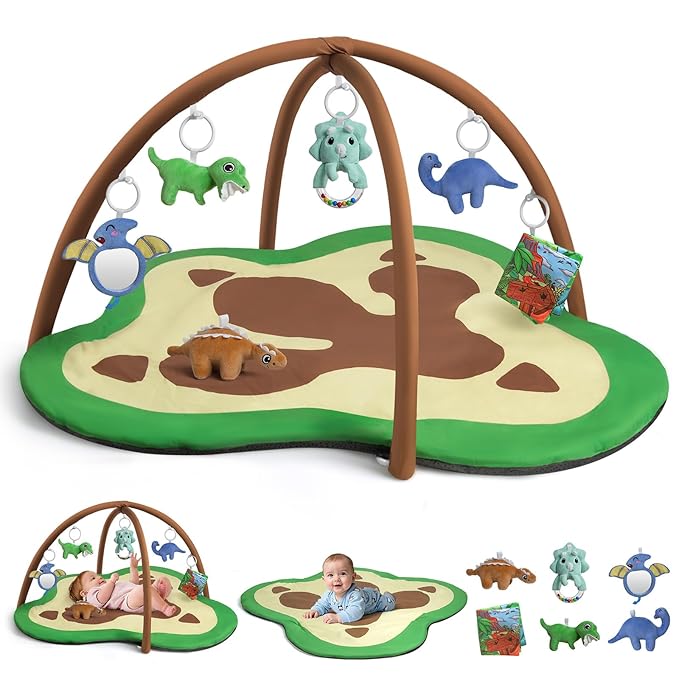 Baby Gym Play Mat, Oversize Dinosaur Claws Shaped Tummy Time Mat with 6 Detachable Baby Activity Toys, Baby Play Mat Promote Motor Skills & Sensory Development, Newborn Infant Essentials Gift