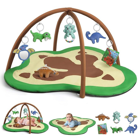 Baby Gym Play Mat, Oversize Dinosaur Claws Shaped Tummy Time Mat with 6 Detachable Baby Activity Toys, Baby Play Mat Promote Motor Skills & Sensory Development, Newborn Infant Essentials Gift