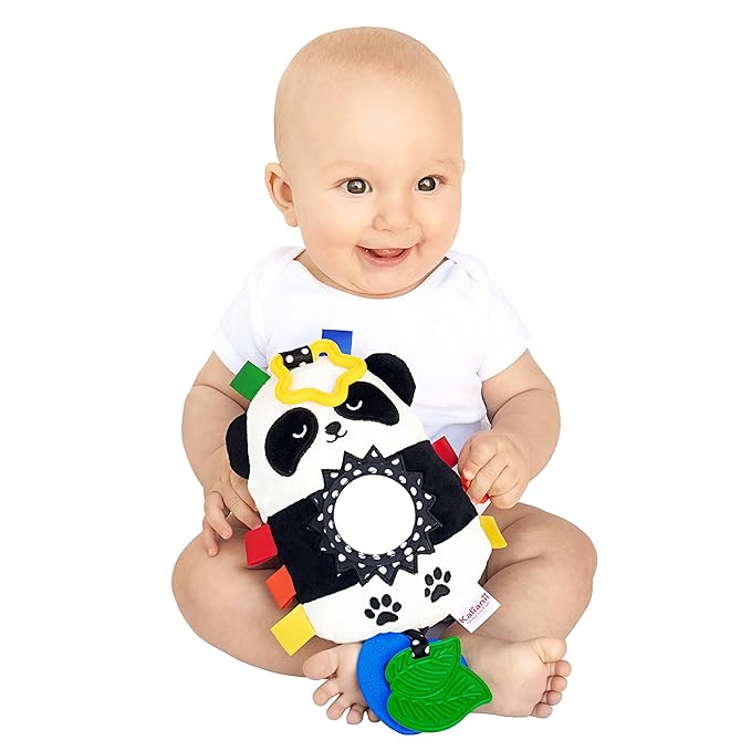 Squish 'N Play Activity Toy Panda- Multi-Sensory Learning Baby Toy - Stroller Toy, Car Seat Toy, Tummy Time Toy, Teether Toy, Baby Gift - with Mirror, Rattle & Taggies