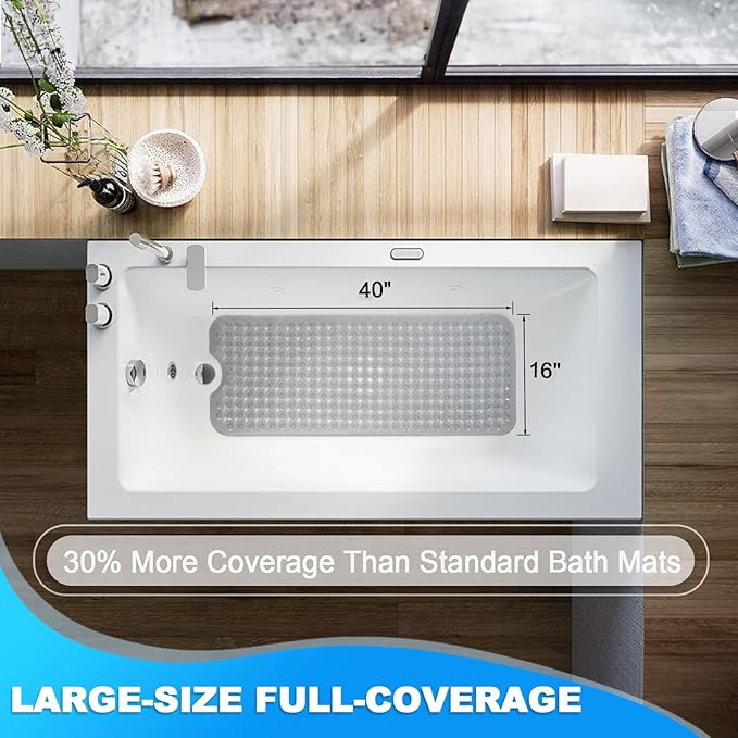 Linoows Bathtub and Shower Mats, 40x16 Inch Extra Large Non Slip Soft Bath Tub Mat with Suction Cups and Drain Holes for Bathroom Floor and Keep Tubs Clean, Machine Washable, Clear Gray