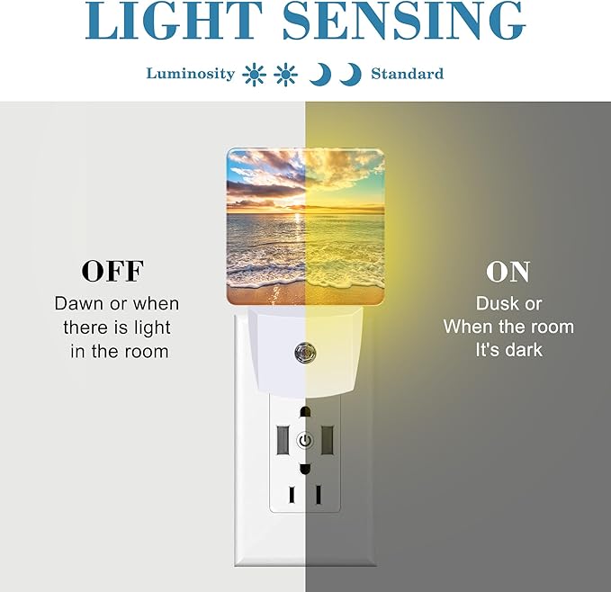 Colorful Ocean Beach at Sunrise Night Light Plug into Wall with Dusk to Dawn Sensor Cute Nightlight for Kid Girls Boys Women Men Room Decor, Hallway, Kitchen, Bathroom, Nursery, Stairs