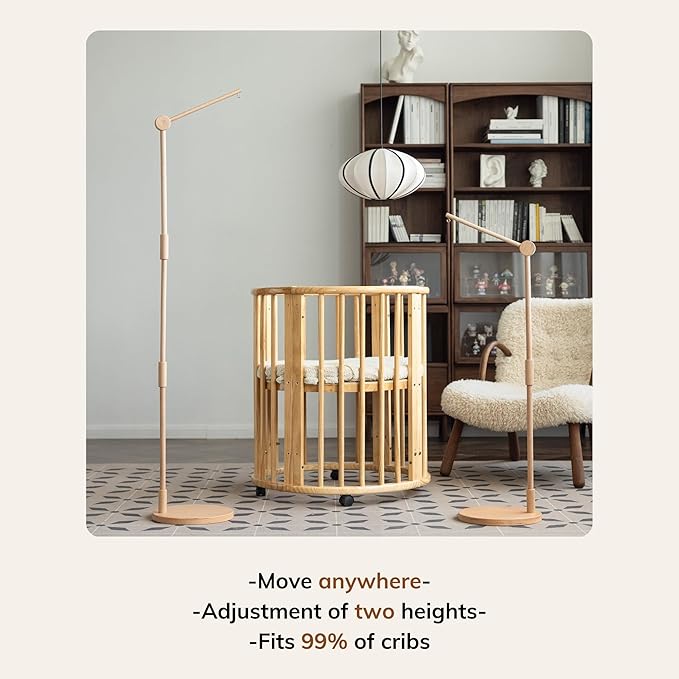 Wooden Floor-Standing Crib Mobile Arm Pro 61 Inches for Baby Nursery-Movable Baby Mobile Hanger with Strong Anti-Dumping Attachment-100% Natural Beech Wood-Thicker Wooden Pole-UpgradeThickened