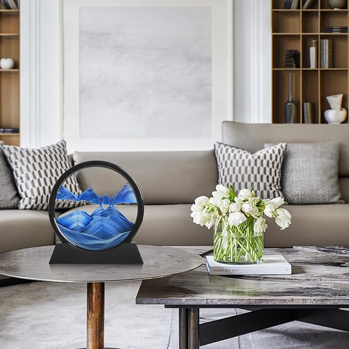 Moving Sand Art Liquid Motion, 3D Deep Sea Sandscape Color Quicksand Decor, Round Glass Moving Sand Art Picture Relaxing Desktop Home Office Work Decor (Blue, 7 inch)