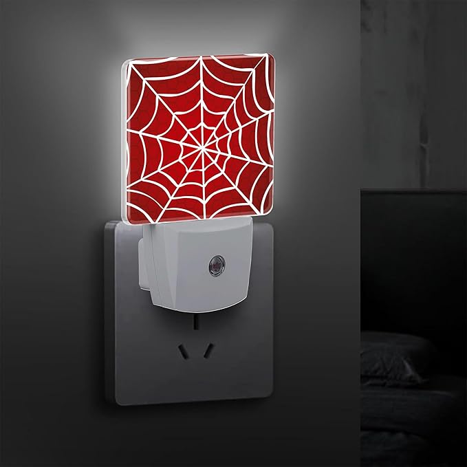 Spider Web Red Plug in Night Light with Auto Dusk to Dawn Sensor,Warm Night Lights for Boys Girls Bedroom Bathroom Hallway Kids Room Gifts