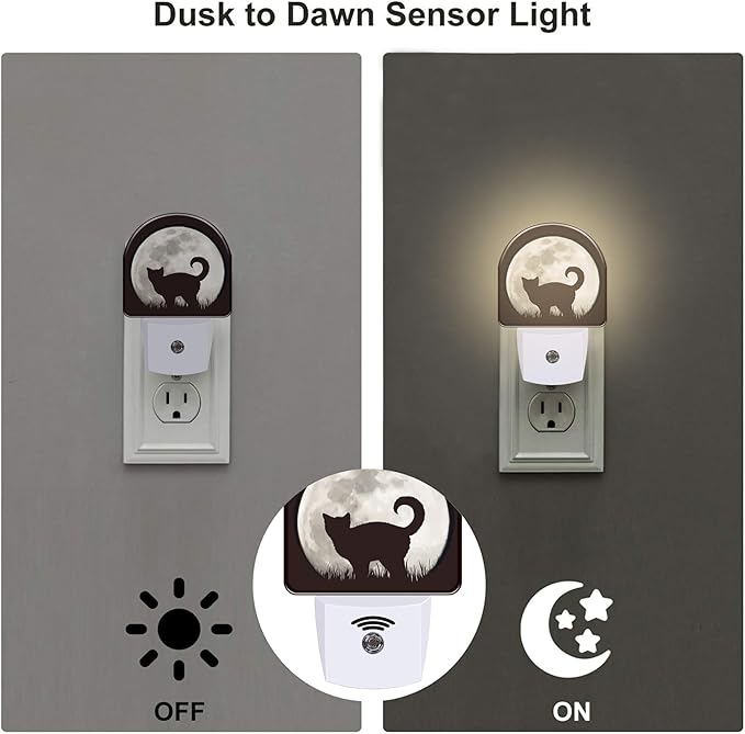 Cat on Moon Night Light, Full Moon Black Cat Dusk to Dawn Night Light Plug in, 0.5w Energy Saving Sleep Friendly NightLight for Kids Boys Girls Home Decor