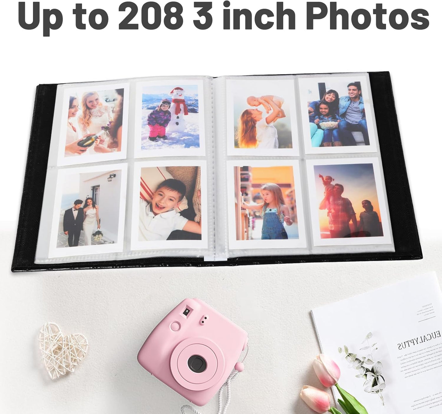 RECUTMS Polaroid Photo Album 208 Photos for Fujifilm Instax Mini Camera, 2x3 Inch Photo Album, Leather Cover with Window, for Instax Mini 12 11 9 40 90 8 7 Evo LiPlay Instant Camera (Brown)