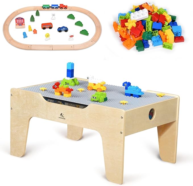 Kid's Multi-Purpose Activity Play Table with 60 Big Building Bricks and 30-Piece Wooden Train Set for Toddlers(Big-peg Baseplate Version)