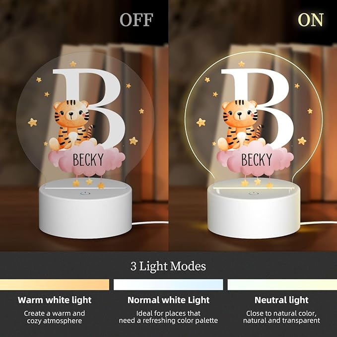 Personalized Cute Forest Animal Night Light for Kids,Custom Name Touch Control Nursery Lamp,3 Color Changing Acrylic Glow Light for Baby Boys,Girls,Toddler Bedroom Decor