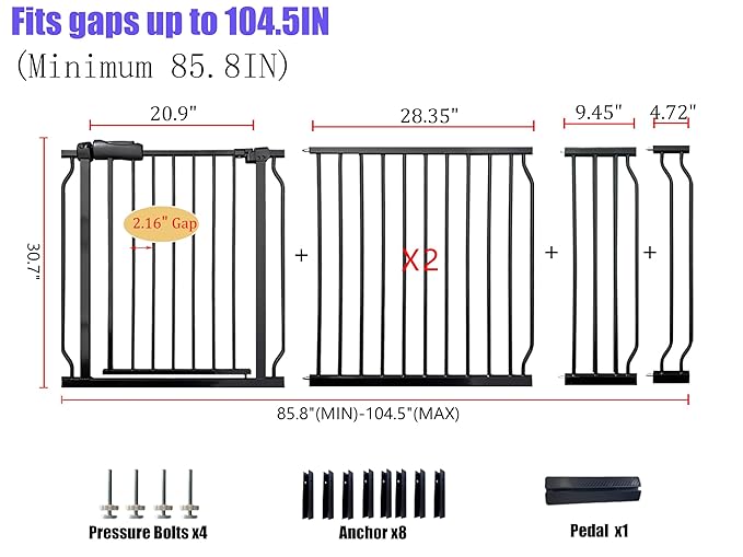 Extra Wide Baby Gate 85.8-104.5 Inch, Pressure Mounted No Drilling, for Stairs & Doorways, Metal Black Indoor Safety Gate for Kids and Dogs