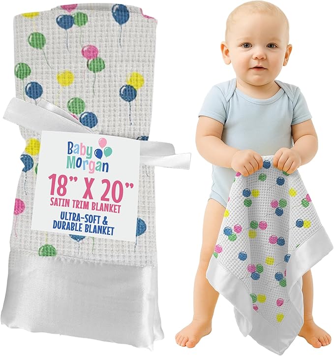 Thermal Waffle Knit Baby Blanket - Soft Breathable Mini Blanket for Newborns and Infants - Toddler Blankey for Strollers, Travel, Naptime and More - 18" x 20" (Balloon Multi, Satin Trim)
