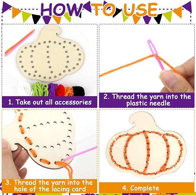 Lacing Cards, 24 Pcs Sewing Cards, Yarn & Needles, Halloween Sewing Crafts for Boys Girls, Fine Motor Skills Threading Crafts for Halloween Party Favors Classroom Activities Art Project Supplies