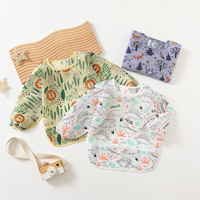 3 Pack Long Sleeve Bib,Baby Smock for Eating 6-30 Months Reusable Shirt Bibs for Babies Toddler