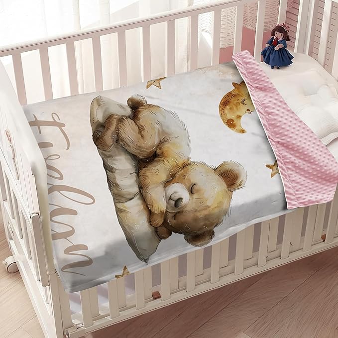 Personalized Baby Blanket, Custom Name Baby Blanket for Boys Girls, Brown Bear Double Layer Dotted Backing Receiving Swaddle Blankets, Infants Toddlers New Parents Customized Gifts(30"x40")