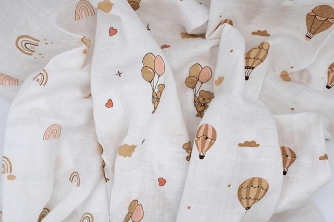 100% Muslin Cotton Baby Receiving Cloths, 3-Pack, 27x27 in (70x70cm), Soft & Gentle for Newborns, Sensitive Skin Safe, For Feeding, Burping & Comfort, 0+ Months (Teddy Bear/Rainbow/Hot Air Balloon)