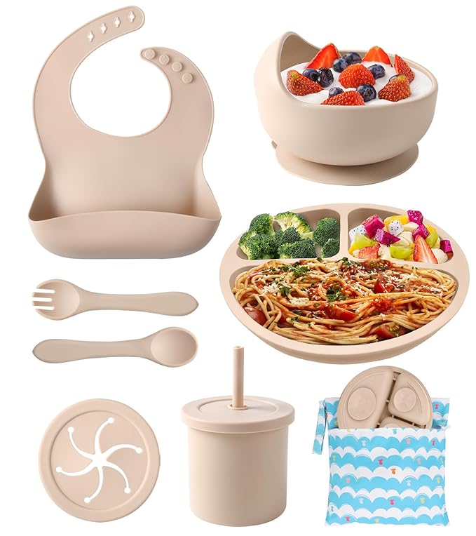 ECLIP Silicone Baby Feeding Set,10 Pcs Baby Led Weaning Supplies Baby Eating Essentials Set with Suction Bowl Divided Plate Adjustable Bib Soft Spoon Fork Cup with Lid Drinking Cup, Travel Bag (Beige)