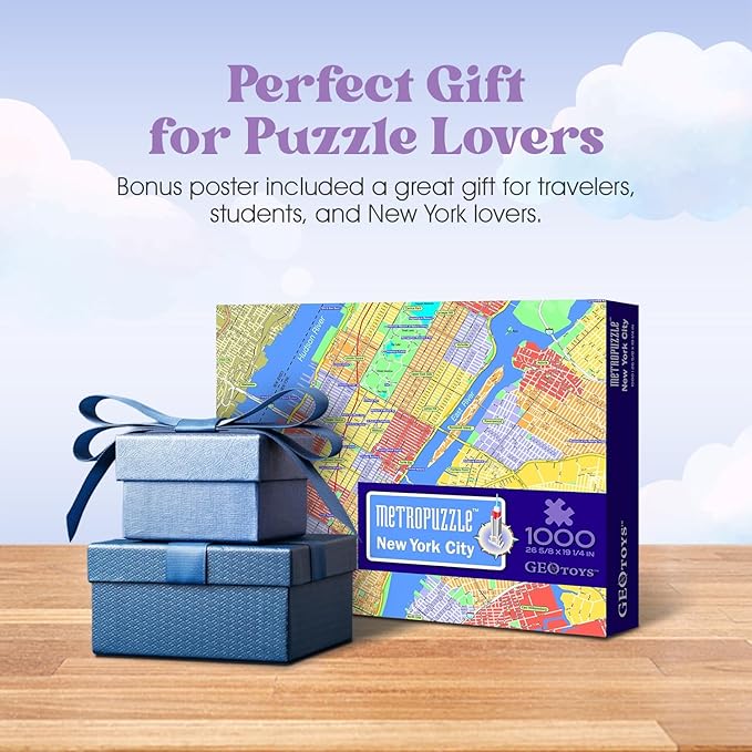 GeoToys Metropuzzle, New York City Jigsaw Puzzles 1000 Pieces, Detailed City Map Geography Puzzle, Challenging Adult Puzzle, Fun Puzzles for Adults, Family Puzzles, US City Map Poster Included