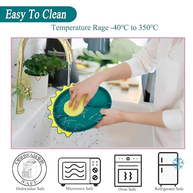 Suction Plates for Baby,Silicone Toddler Plates with Spoon Fork set Divided Dinosaurs Plates Self Feeding Training Baby Dinner Plate-Blue Dinosaurs Plate Set