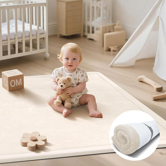 Baby Play Mat for Floor, 1.3"Thick Extra Large Cushioning Memory Foam Playpen Mat, Soft Coral Velvet Baby Crawling Mat with Non-Slip Backing for Toddlers,Infants,Kids,Yoga Mat (Khaki 59"×79")