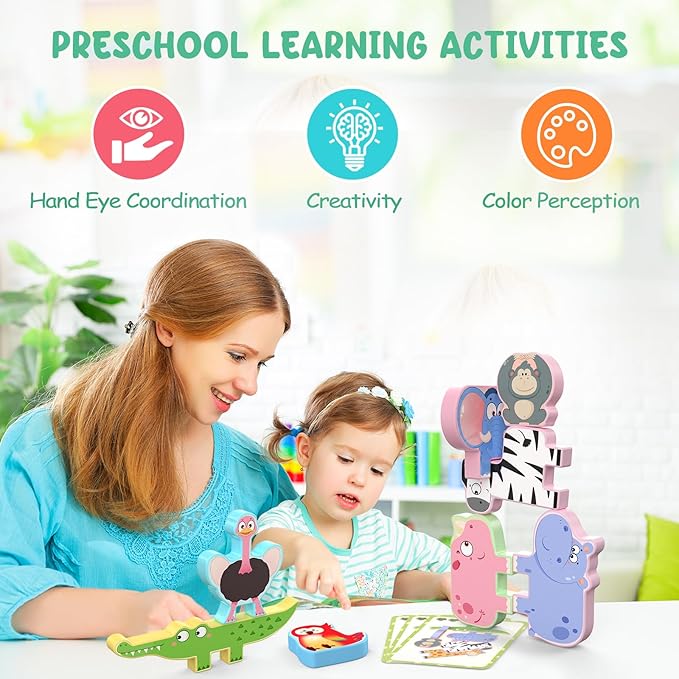 Montessori Toys for Toddlers, 10 Pack Wooden Animal Stacking Blocks, Sorting & Stacking Preschool Learning Activities, Gift for Boys, Girls