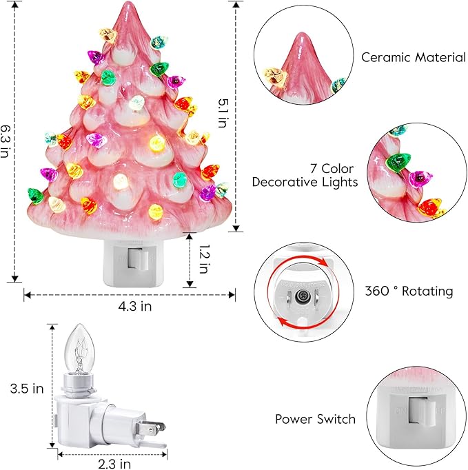 Brightown 2 Pack Ceramic Christmas Tree Night Light, Pink and White