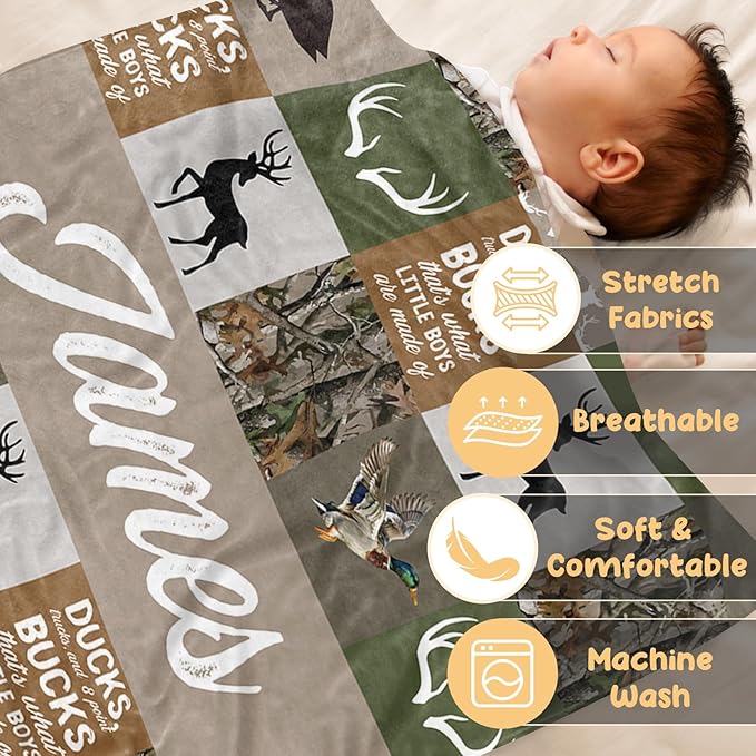 Personalized Baby Blanket for Boys, Custom Baby Blankets with Name, Soft Flannel Double Layer Receiving Swaddle Blanket, Woodland Deer Monogram Birthday Gifts for Toddlers Infants (60"x80")